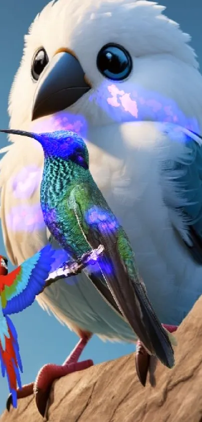 Vibrant birds sitting on a perch under a clear sky, perfect for mobile wallpaper.