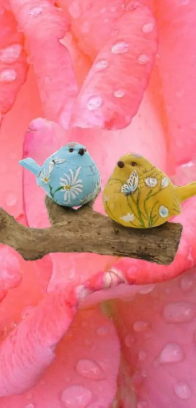 Two colorful birds on a dewy pink rose.