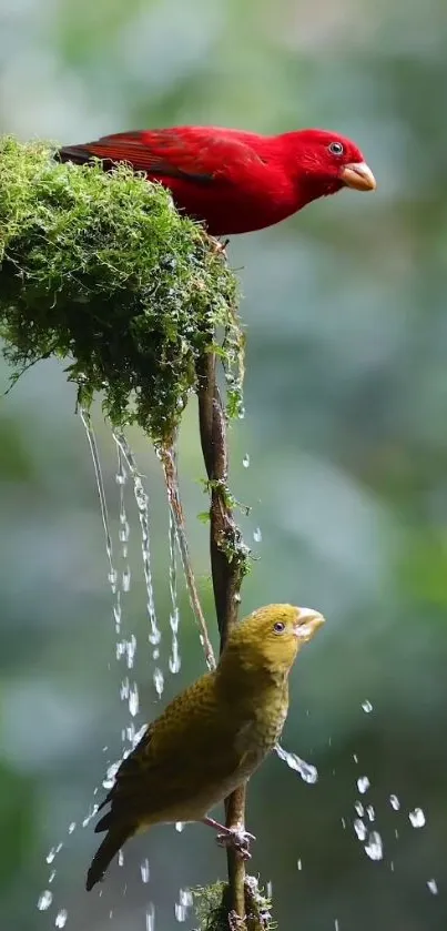 Red and yellow birds perched on a branch with water droplets in a lush setting.