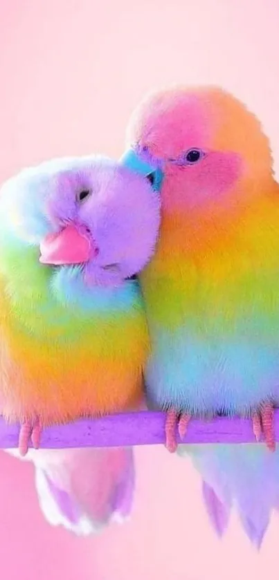 Two vibrant pastel-colored birds perched on a branch.