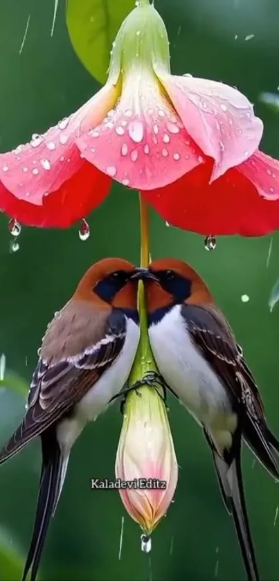 Two vibrant birds under a pink flower with dew.
