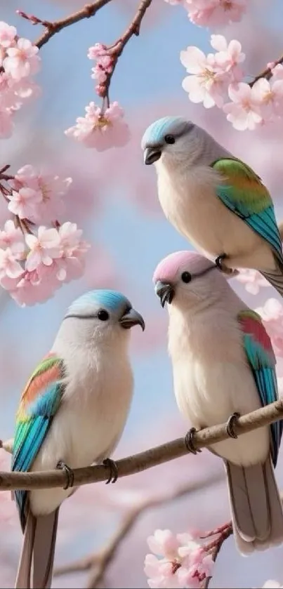 Colorful birds perched on cherry blossom branches creating a serene scene.