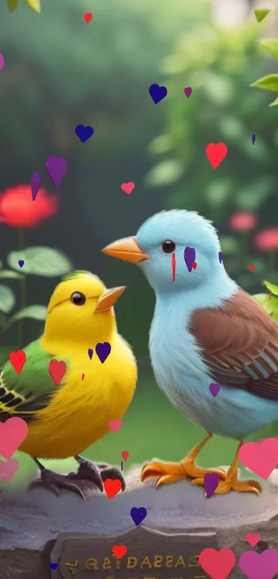 Colorful birds with heart shapes in nature setting wallpaper.