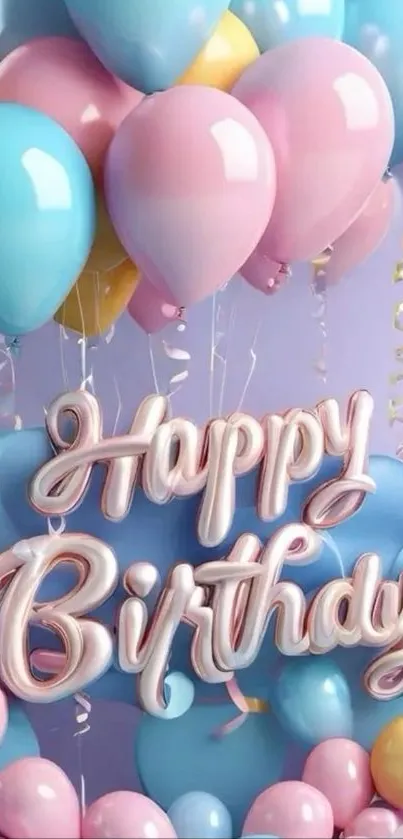 Colorful balloons with 'Happy Birthday' text create a festive mobile wallpaper.