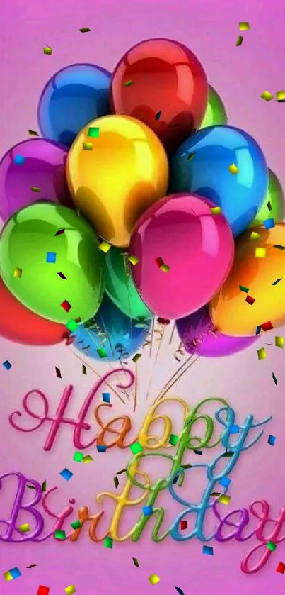 Vibrant balloons with 'Happy Birthday' text on a pink background.