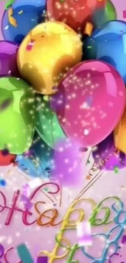 Colorful balloons with confetti and 'Happy Birthday' text.