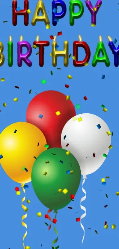 Colorful happy birthday wallpaper with balloons and confetti.