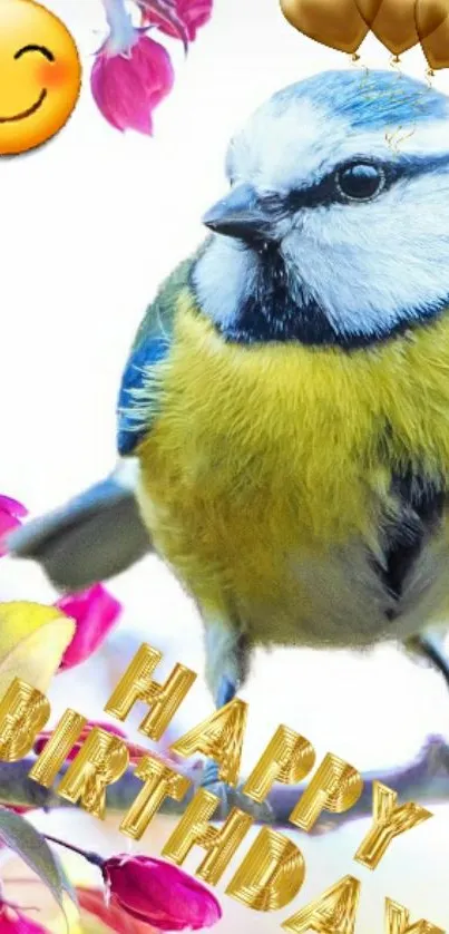 Colorful bird and flowers with 'Happy Birthday' text.