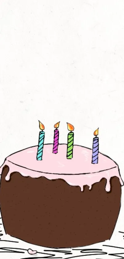 Illustrated birthday cake with colorful candles and pink icing on a white background.