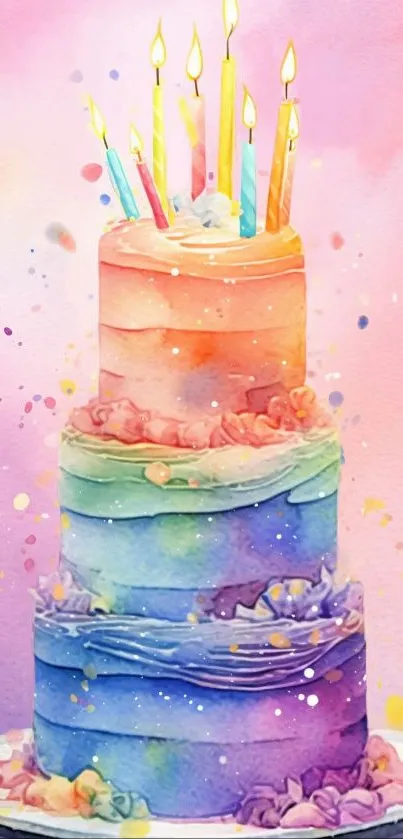 Colorful watercolor birthday cake with candles on pastel background.