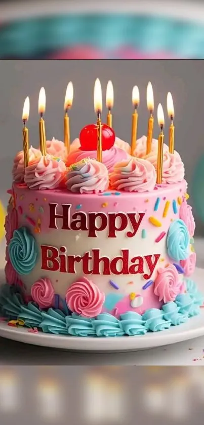 A colorful birthday cake with candles and pink frosting, perfect for celebrations.