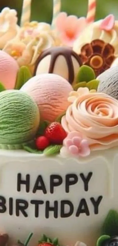 Vibrant birthday cake with colorful decorations.