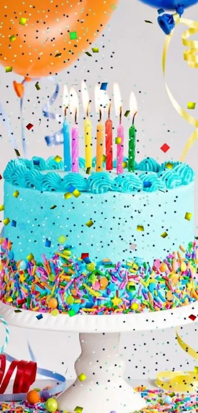 Colorful birthday cake with candles and balloons.