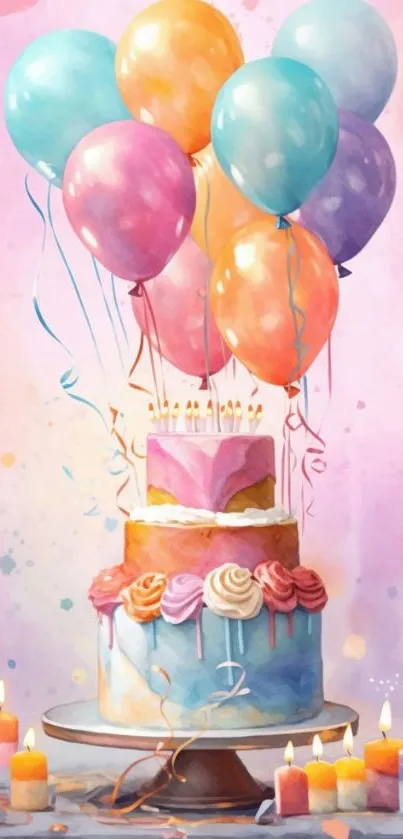 Colorful birthday cake with balloons and candles, vibrant and festive.