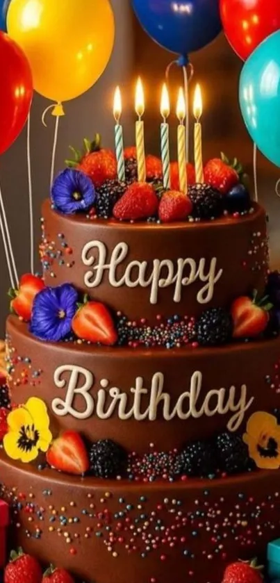Colorful chocolate birthday cake with balloons and gifts.
