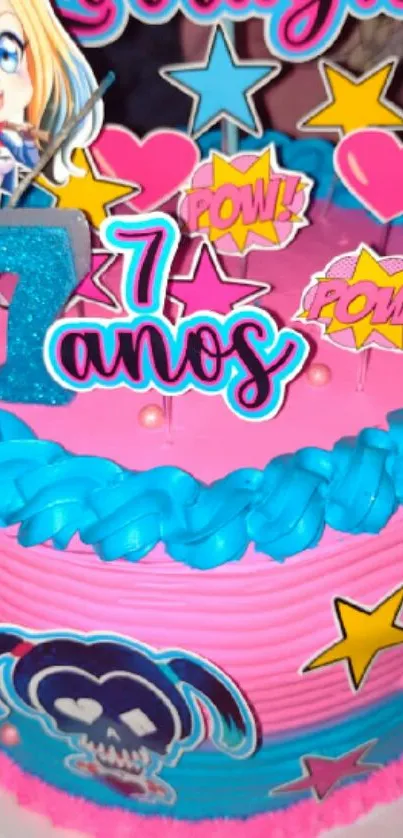 Colorful cake with pink and blue icing and cartoon elements for a 7th birthday.