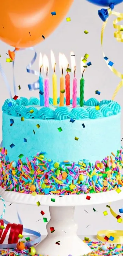 Colorful birthday cake with candles and confetti decoration.