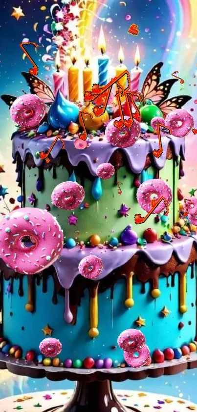 Vibrant multi-layered birthday cake with rainbow decorations and colorful icing.
