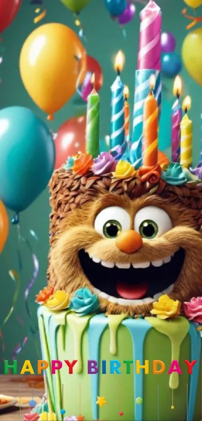 Cheerful cartoon birthday cake with colorful balloons.