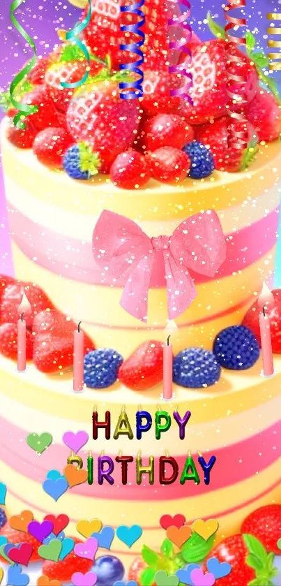 Vibrant birthday cake with fruits and candles, set as wallpaper.