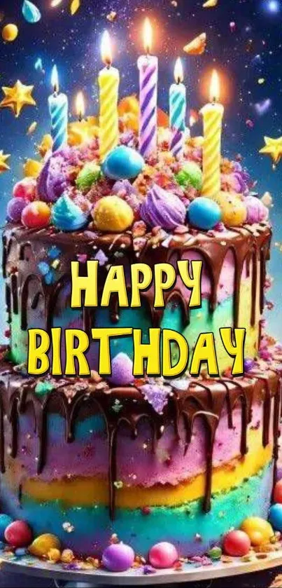 Vibrant birthday cake with candles and colorful decorations against a starry backdrop.