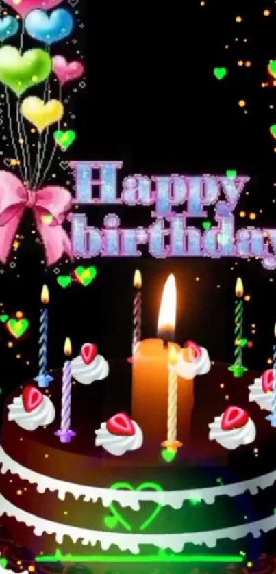 Colorful birthday cake with candles and balloons wallpaper.