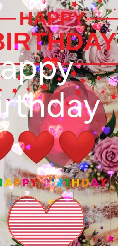 Vibrant birthday cake with roses and colorful hearts.