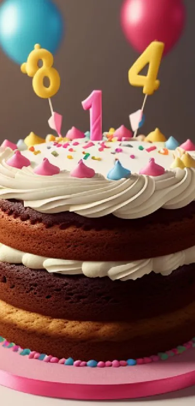 A vibrant birthday cake with colorful frosting and numbered candles.