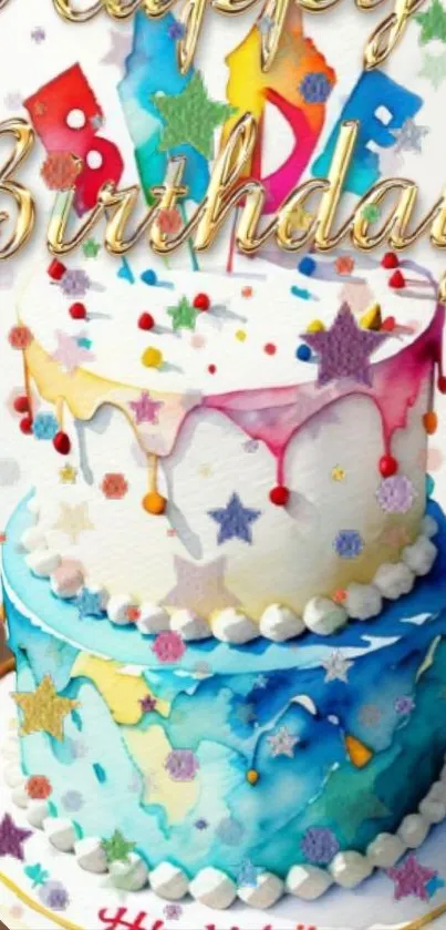 Colorful birthday cake with festive decorations.