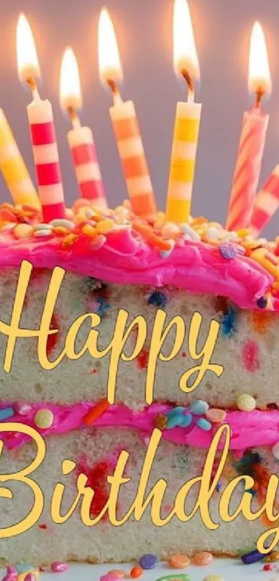 Birthday cake with candles and pink icing.