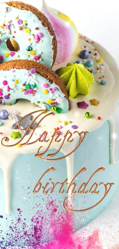 Colorful birthday cake with happy birthday text and decorative donuts.