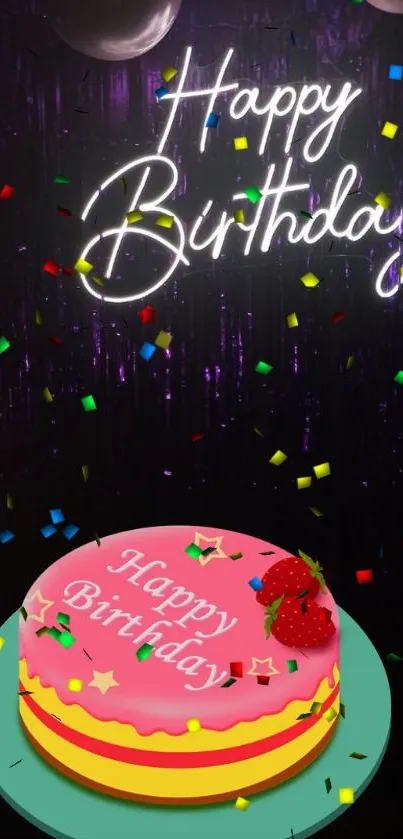 Festive pink cake with neon Happy Birthday sign and confetti.