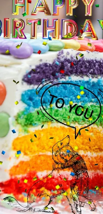 Colorful rainbow birthday cake with Happy Birthday text.