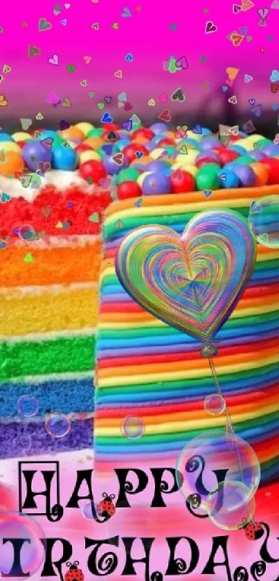 Vibrant rainbow birthday cake with colorful hearts.