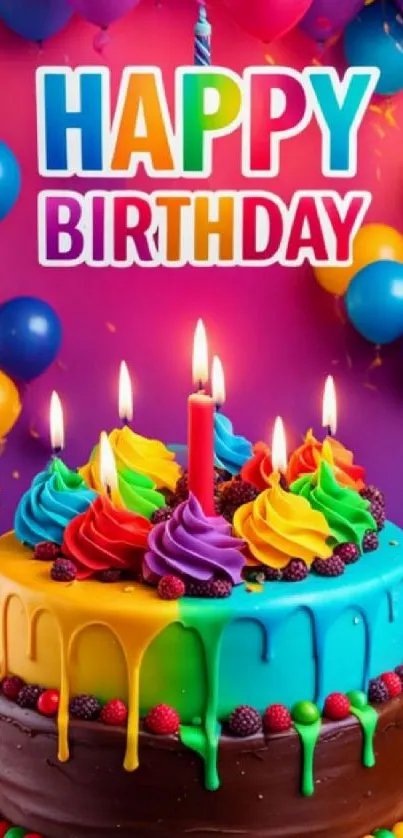 Colorful birthday cake with candles and balloons celebrating.