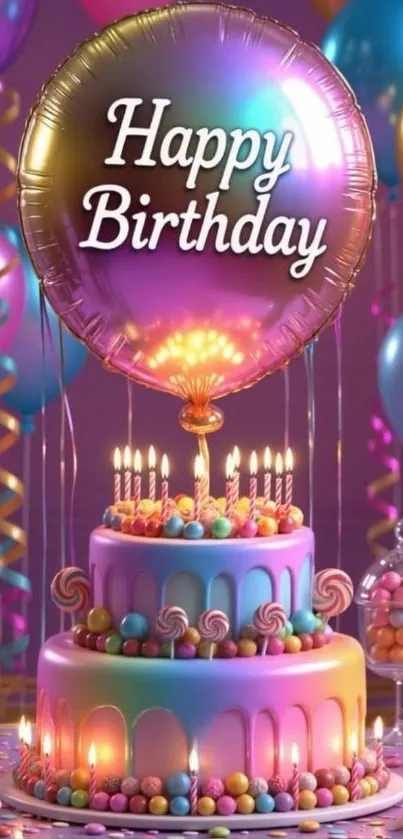 Colorful birthday cake with balloons and candles.