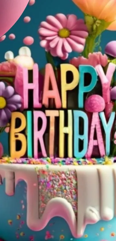 Colorful birthday cake with flowers and 'Happy Birthday' text.