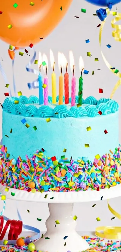 Vibrant birthday cake with colorful balloons.