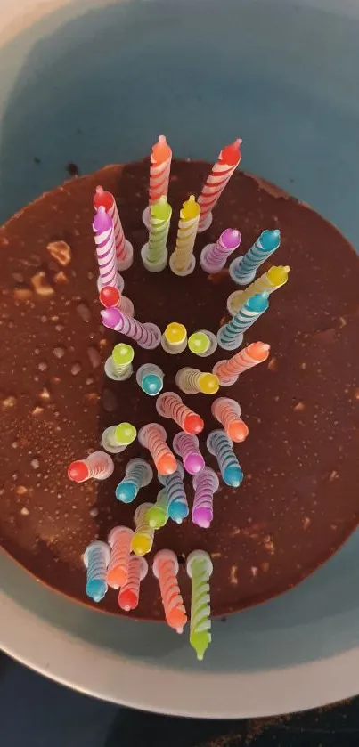 A chocolate cake with colorful birthday candles arranged on top.