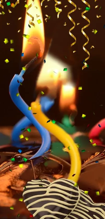 Colorful spiral candles with confetti against a dark background.