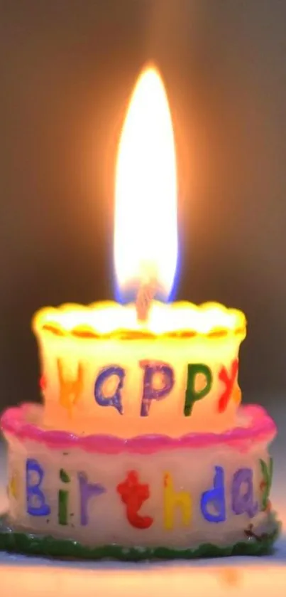 Colorful birthday candle with glowing flame.