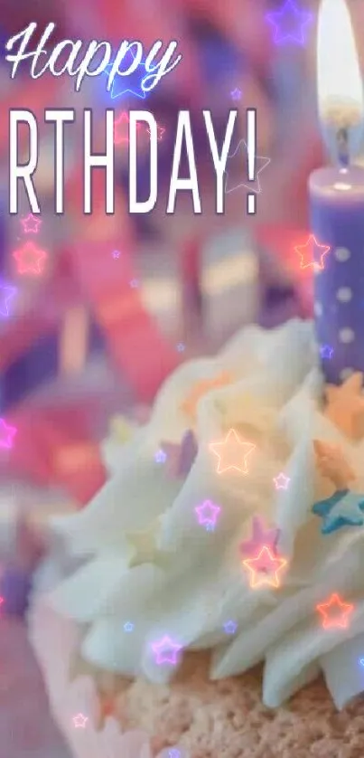 Colorful birthday cake with candle and stars.