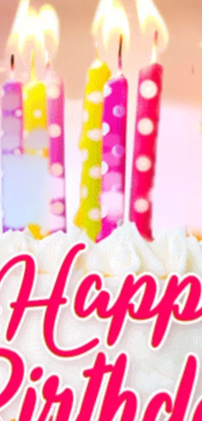 Colorful birthday candles with pink hues and Happy Birthday text.