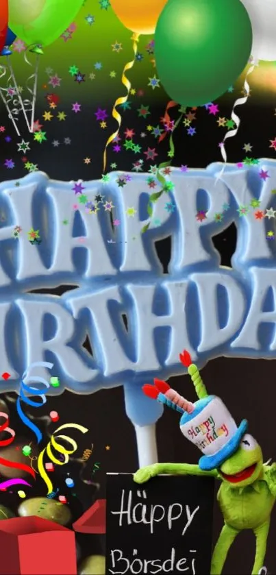Happy Birthday wallpaper with balloons and cupcakes.