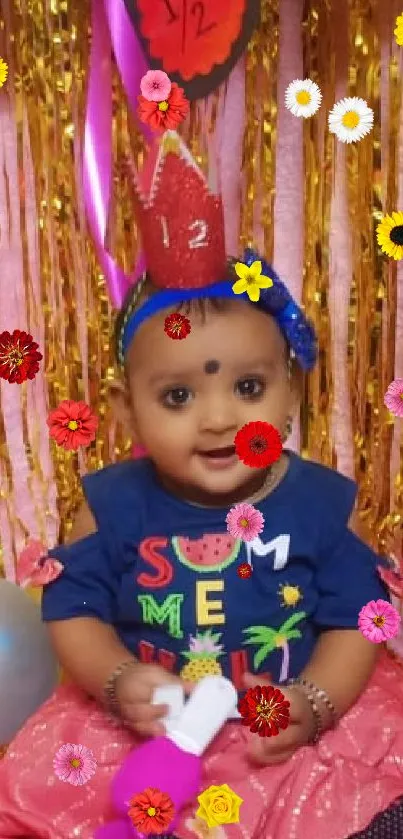 Joyful baby at a colorful birthday party surrounded by balloons and shimmering decor.