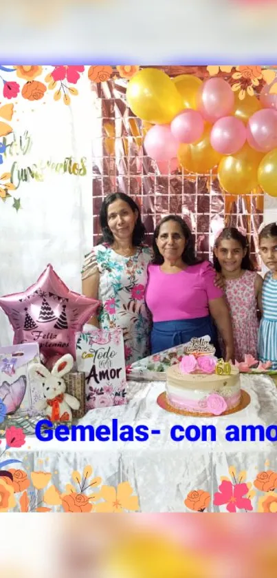 Birthday party with balloons and cake in a colorful setting.