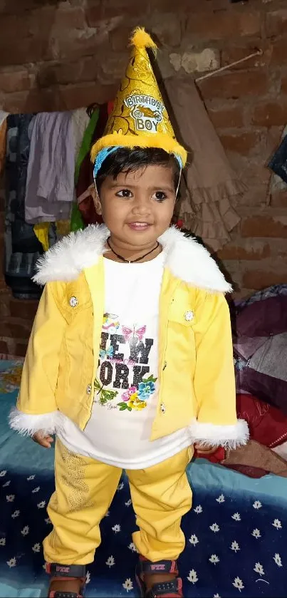 Smiling child in yellow party outfit with festive background.