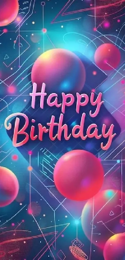Colorful birthday wallpaper with spheres and artistic design.