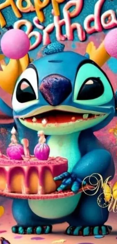 Colorful cartoon character with birthday cake.
