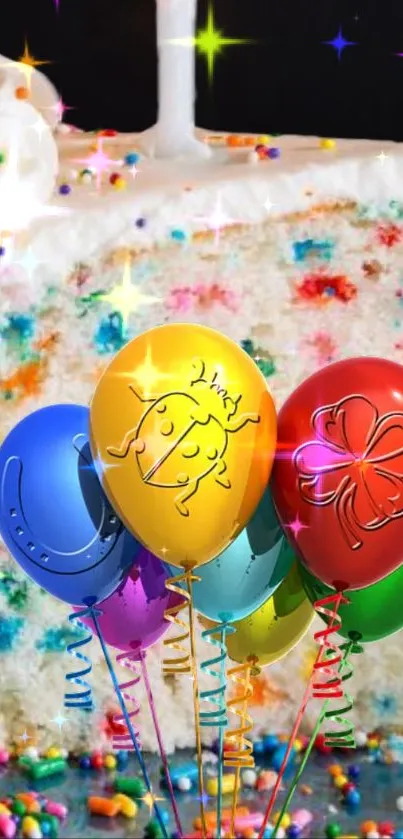 Festive cake with colorful balloons and sprinkles.